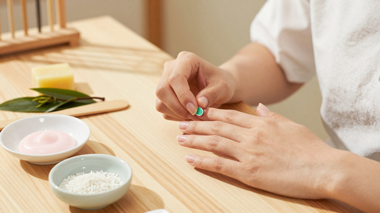 Pessoa lixando as unhas com acessórios para manicure sobre mesa de madeira clara.