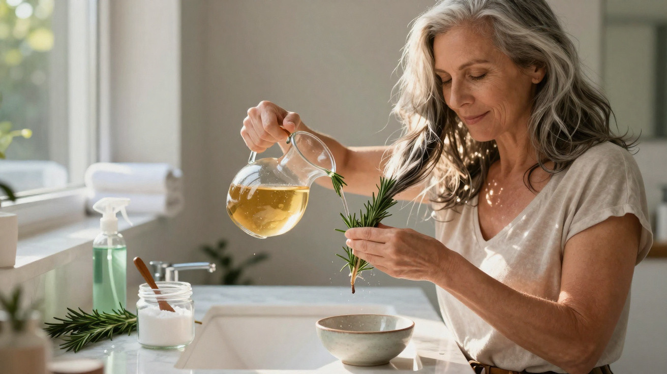 Mulher com cabelo grisalho preparando infusão de ervas naturais em cozinha iluminada.