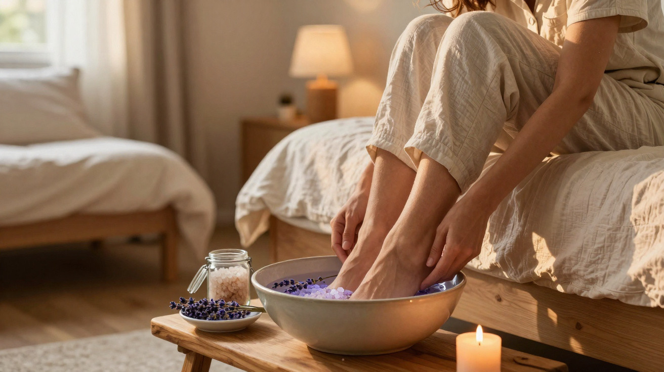 Pessoa realizando banho de pés com sais e lavanda em ambiente acolhedor com vela acesa.