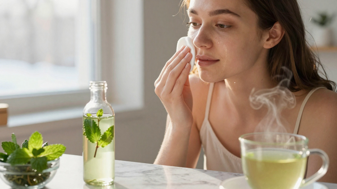 Mulher aplicando óleo facial ao lado de chá quente e ervas em ambiente iluminado natural.