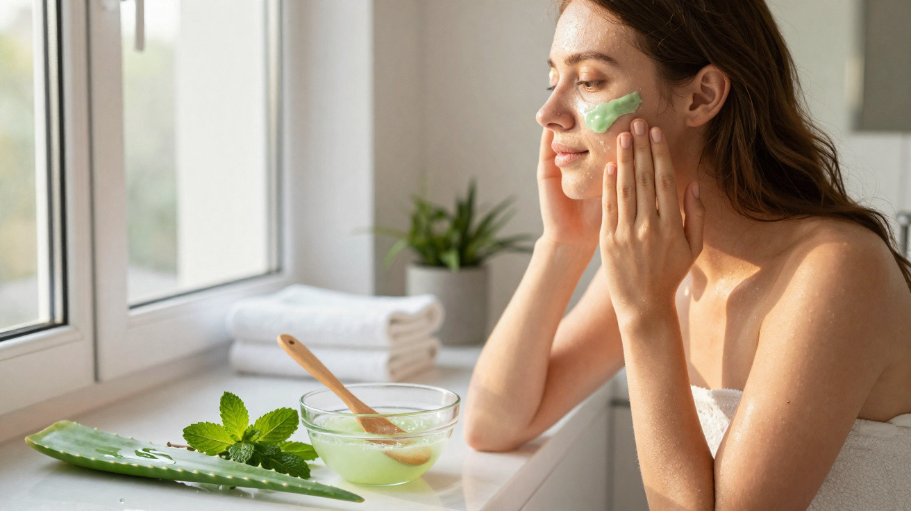 Mulher aplicando máscara facial verde, sentada ao lado de janela com folhas de aloe vera e tigela.