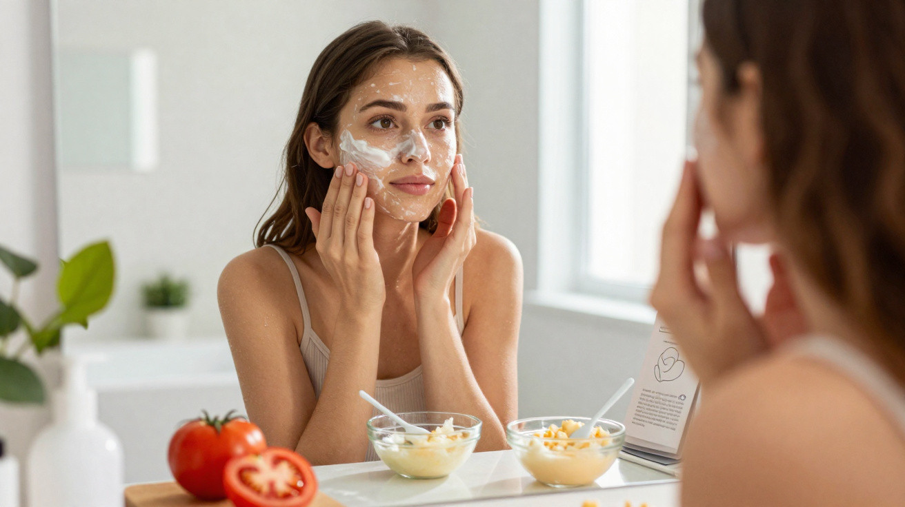 Mulher aplicando máscara facial caseira no rosto em frente ao espelho na cozinha iluminada.
