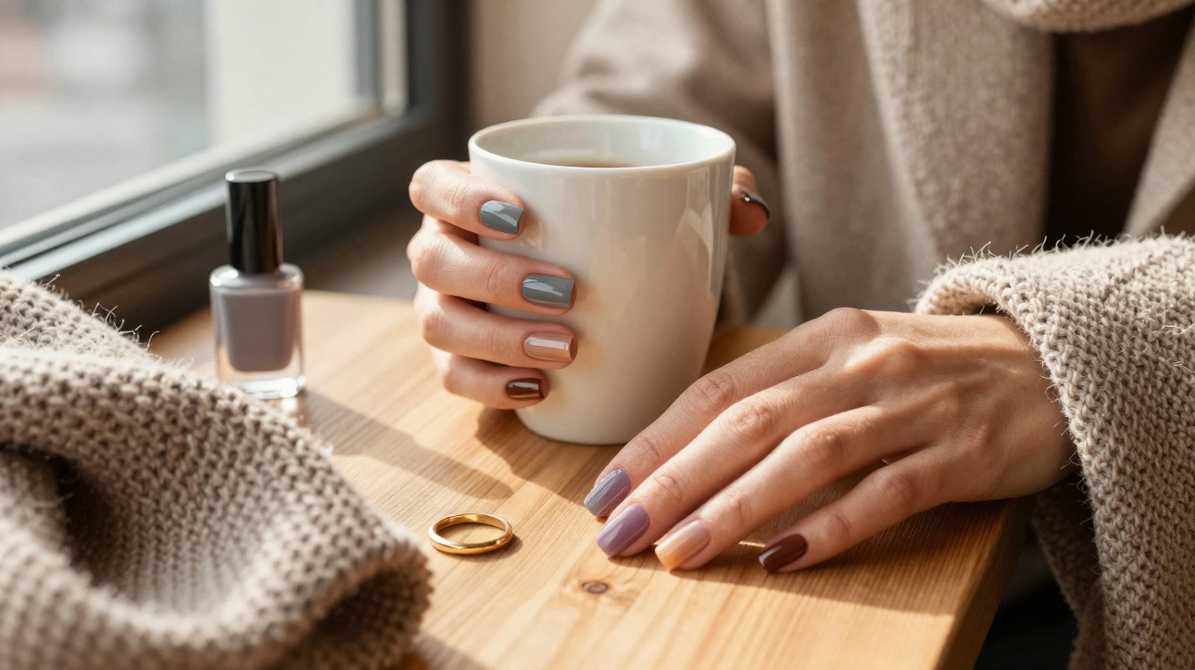 Mãos femininas com unhas coloridas segurando xícara branca sobre mesa de madeira com anel e esmalte.