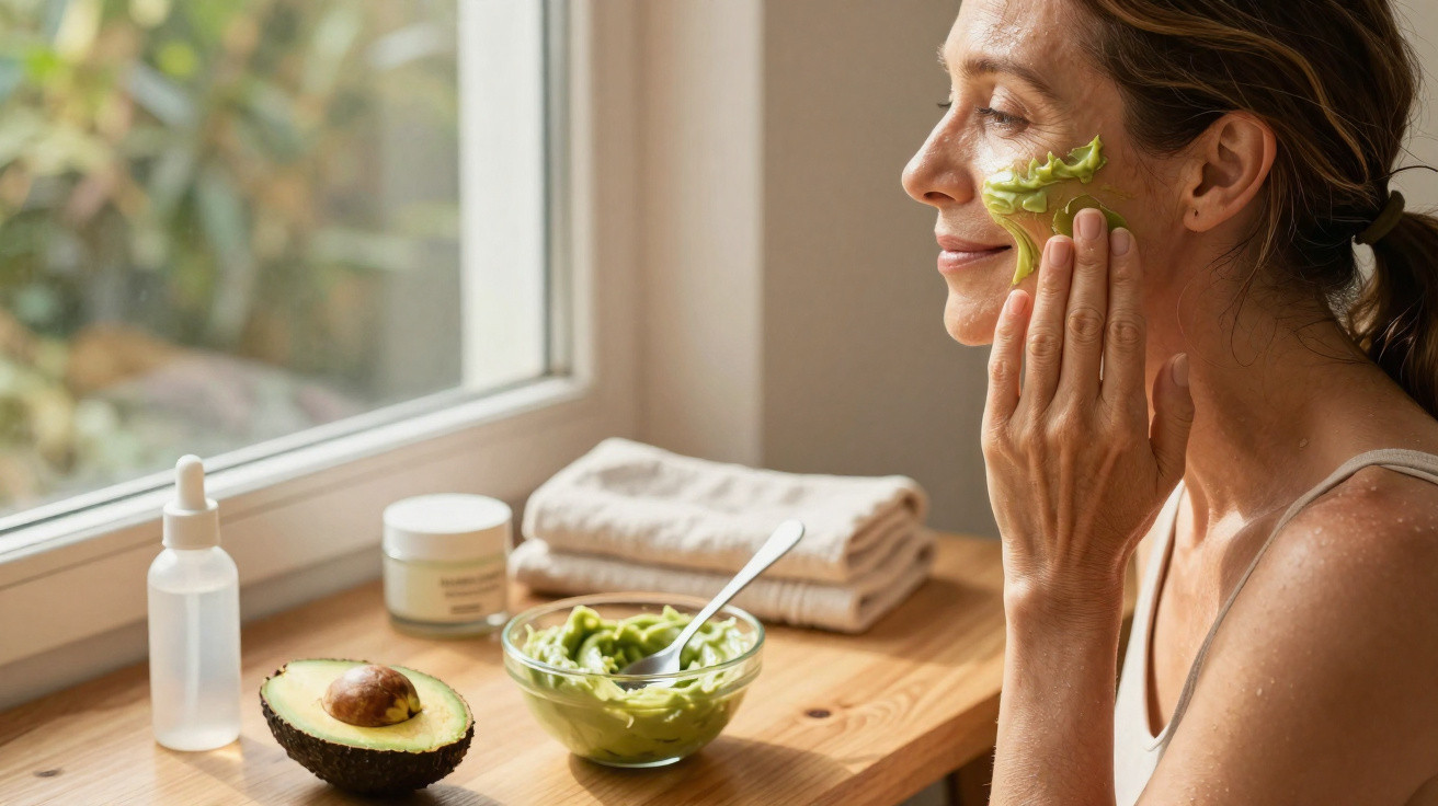 Mulher aplicando máscara facial de abacate em ambiente iluminado próximo a janela.