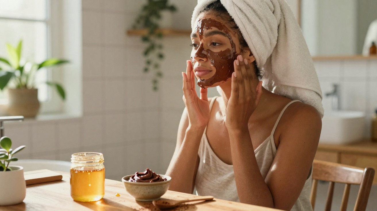 Mulher aplicando máscara facial de chocolate, com toalha na cabeça, sentada à mesa com mel e pote de máscara.