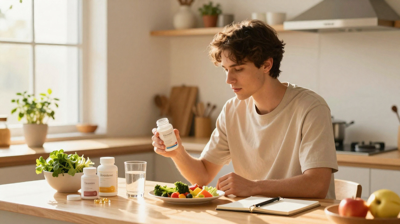 Jovem sentado à mesa na cozinha, segurando frasco de suplemento com prato saudável e água à frente.