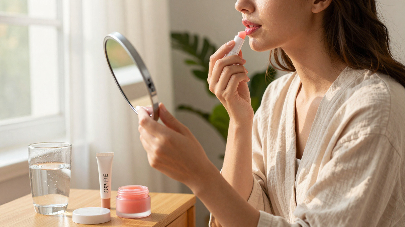 Mulher aplicando balm labial com espelho em ambiente iluminado, com cremes sobre a mesa.