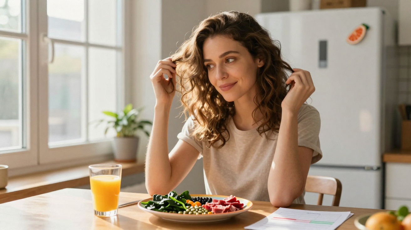 Mulher sorrindo sentada à mesa com prato de comida saudável e suco de laranja, em cozinha iluminada.