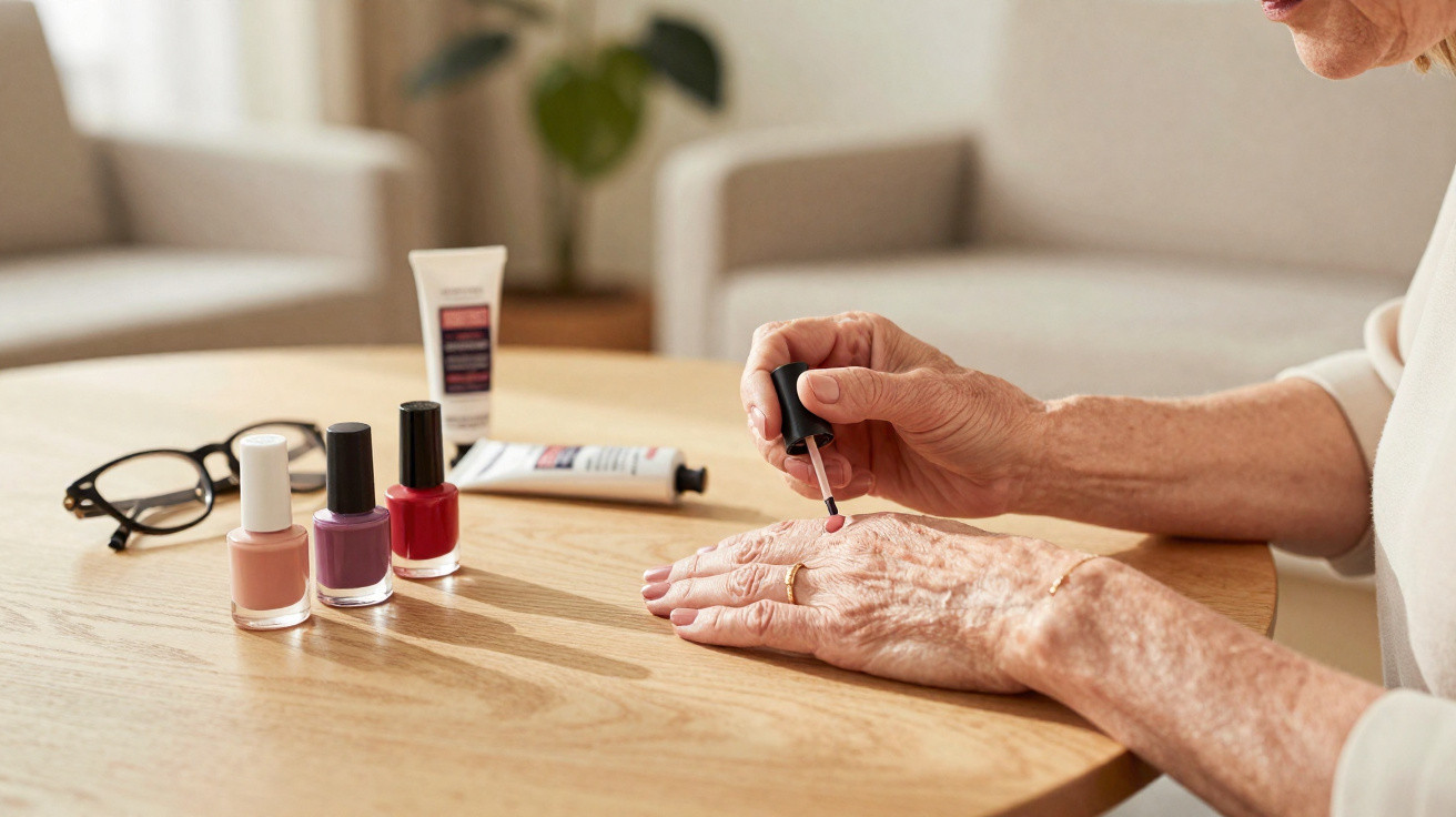 Pessoa idosa pintando as unhas com esmalte vermelho em mesa com outros esmaltes e óculos.