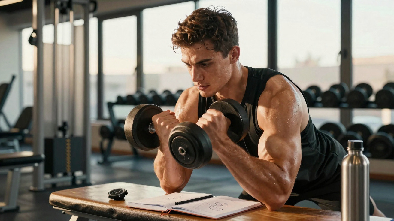 Homem musculoso faz exercício com halteres em academia, ao lado de caderno aberto e garrafa metálica.