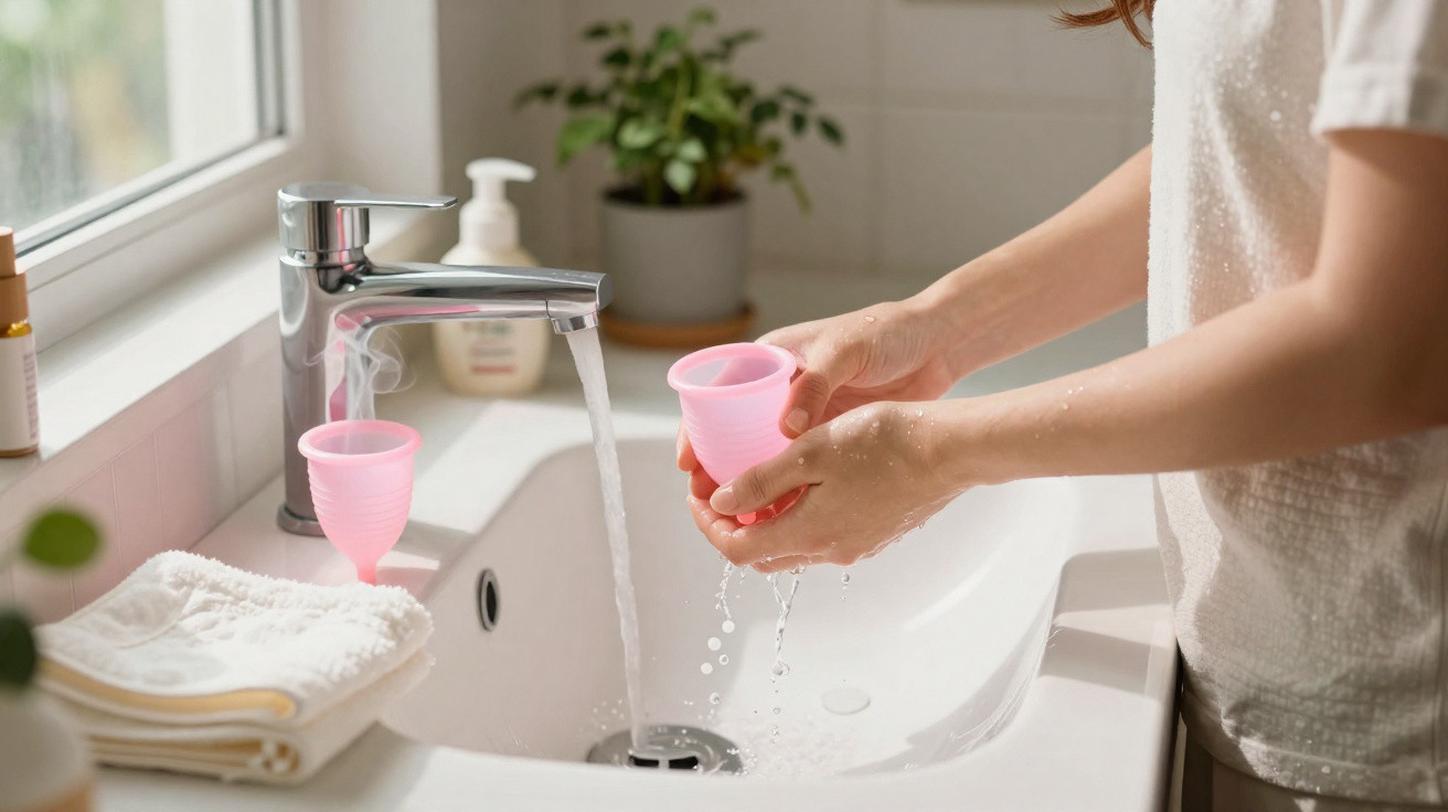 Pessoa lavando um coletor menstrual rosa em pia com torneira aberta e toalhas ao lado.