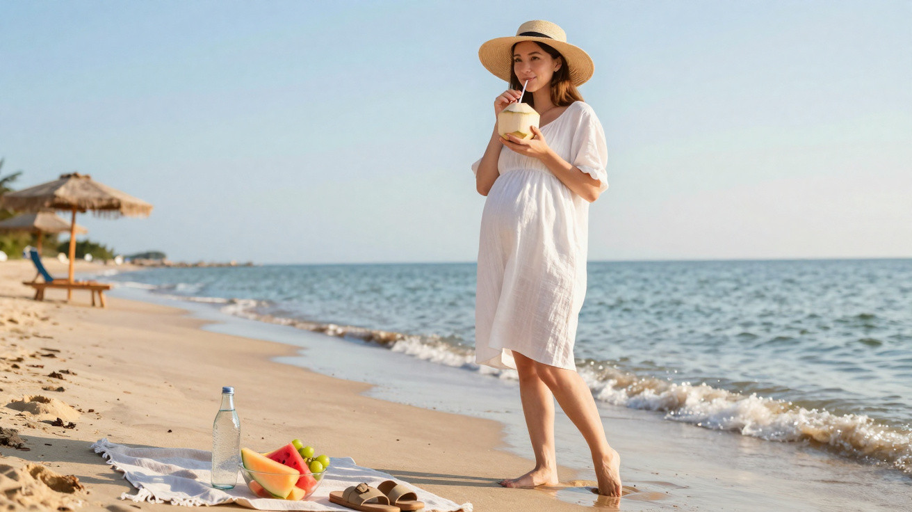 Mulher grávida de vestido branco e chapéu, bebendo água de coco na praia ao entardecer.