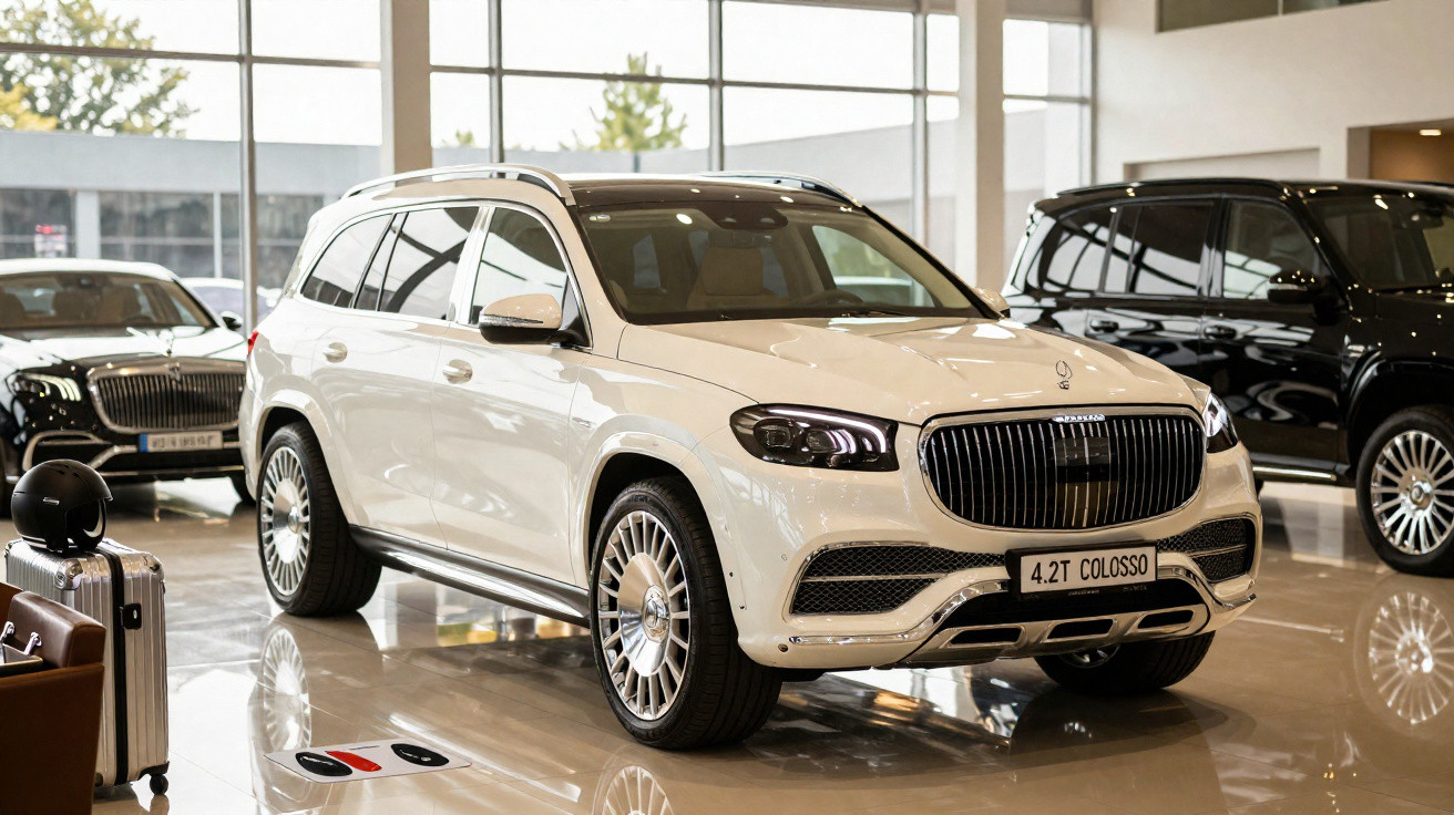 Carro SUV branco Mercedes-Benz Maybach 4.2T Colosso em showroom com outros veículos de luxo ao fundo.