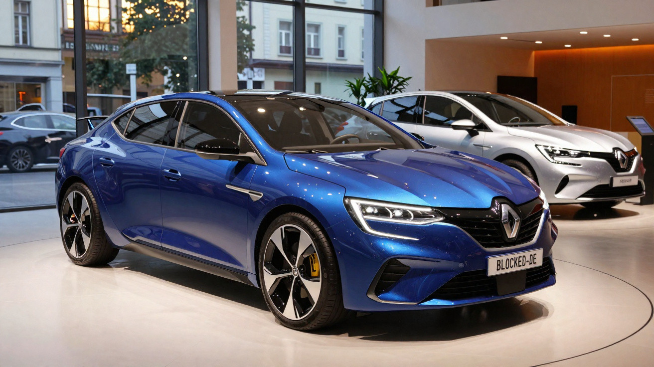 Carro sedan esportivo azul da Renault exibido em showroom moderno com outro carro branco ao fundo.