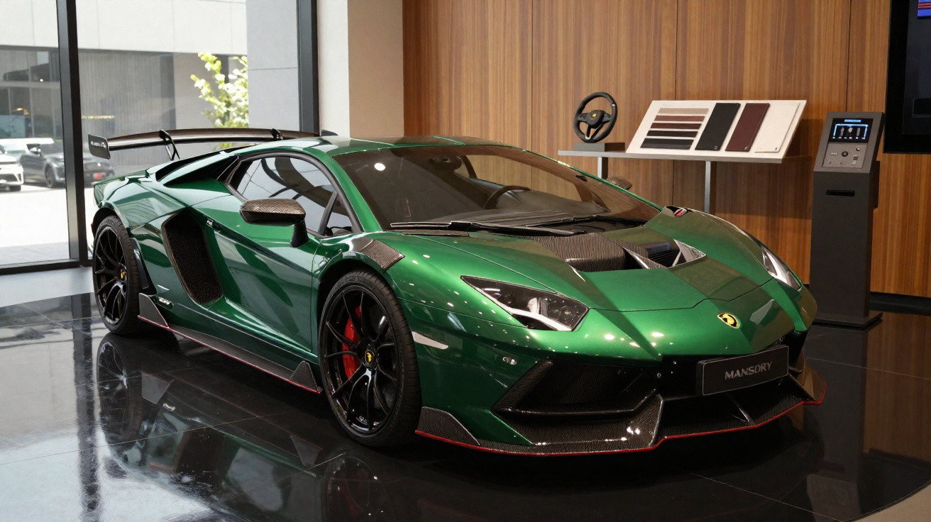Carro esportivo verde metálico com detalhes em carbono exposto em showroom moderno.