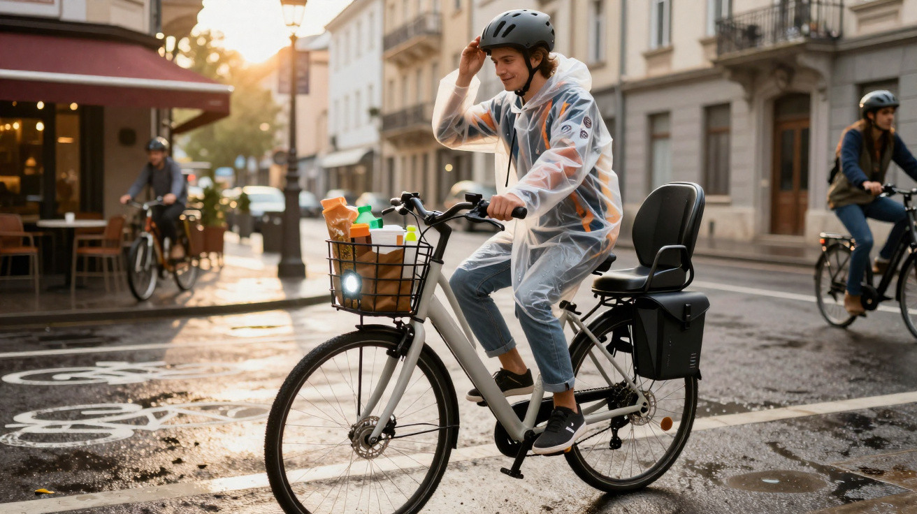 Jovem de capa de chuva e capacete andando de bicicleta com cesta de compras em rua molhada ao entardecer.
