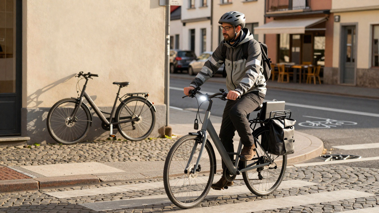 Homem com capacete e mochila pedalando bicicleta elétrica em rua urbana com ciclovia demarcada.