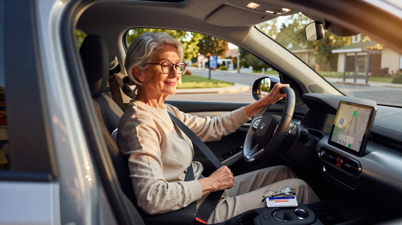 Mulher idosa usando óculos dirigindo carro com cinto de segurança e GPS na tela do painel.