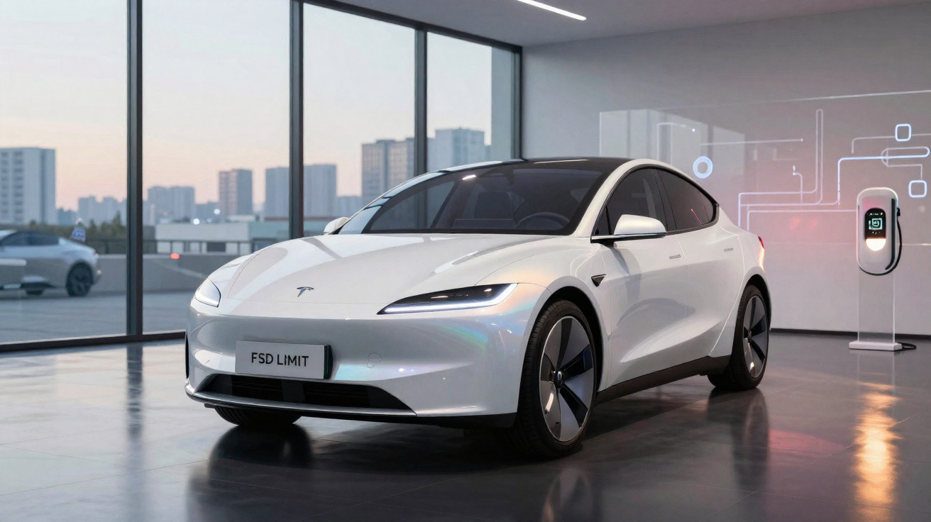Carro elétrico branco Tesla estacionado em showroom moderno com janela grande e estação de carregamento.