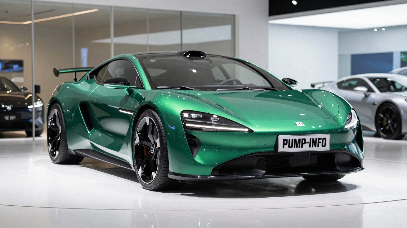 Carro esportivo verde metálico com design aerodinâmico exposto em showroom moderno.