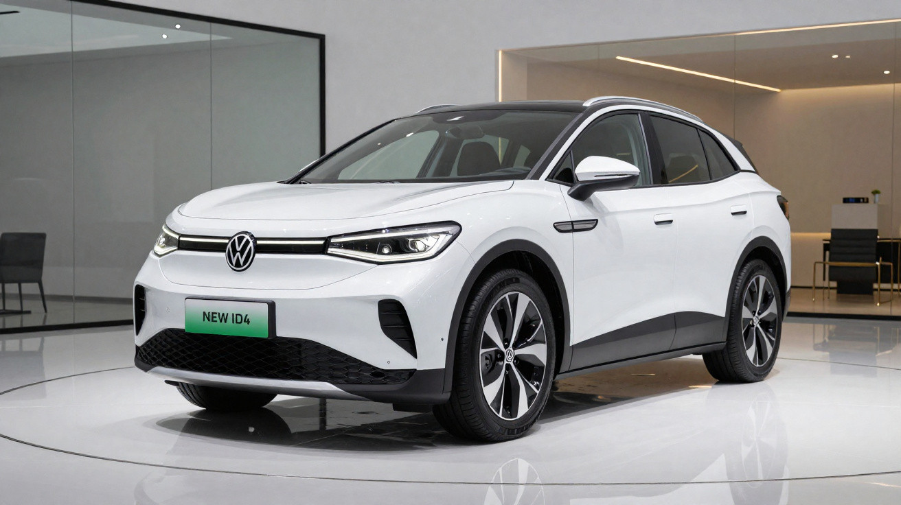 Carro elétrico branco Volkswagen ID.4 novo em exposição em espaço moderno e iluminado.