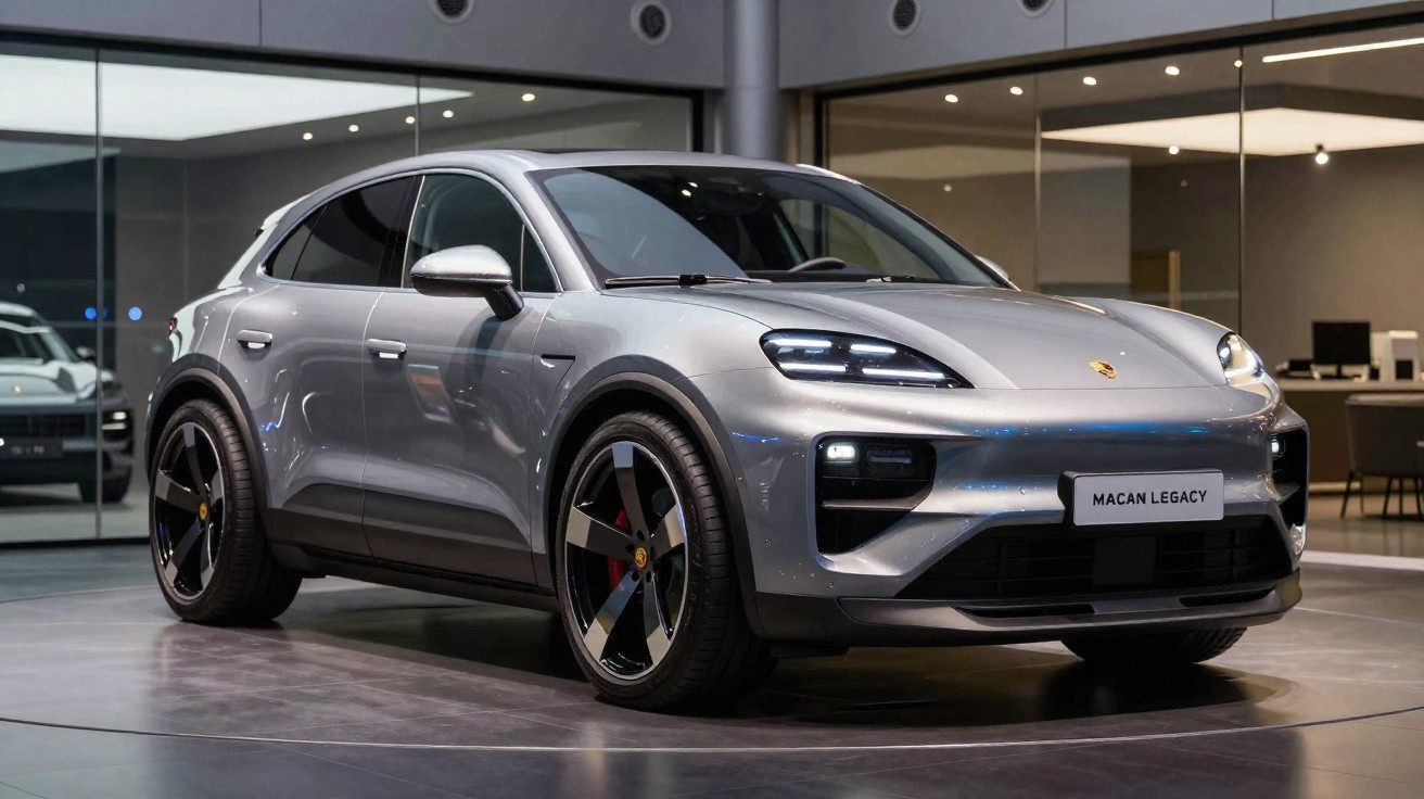 Carro SUV Porsche Macan Legacy prata em exposição dentro de showroom moderno.