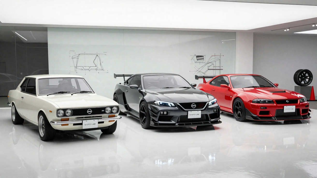 Três carros esportivos Nissan de diferentes gerações em exposição em ambiente moderno e iluminado.