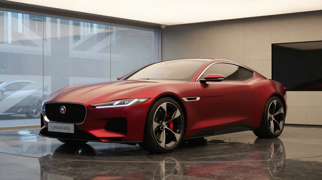Carro esportivo Jaguar vermelho London Red exibido em showroom moderno e iluminado.