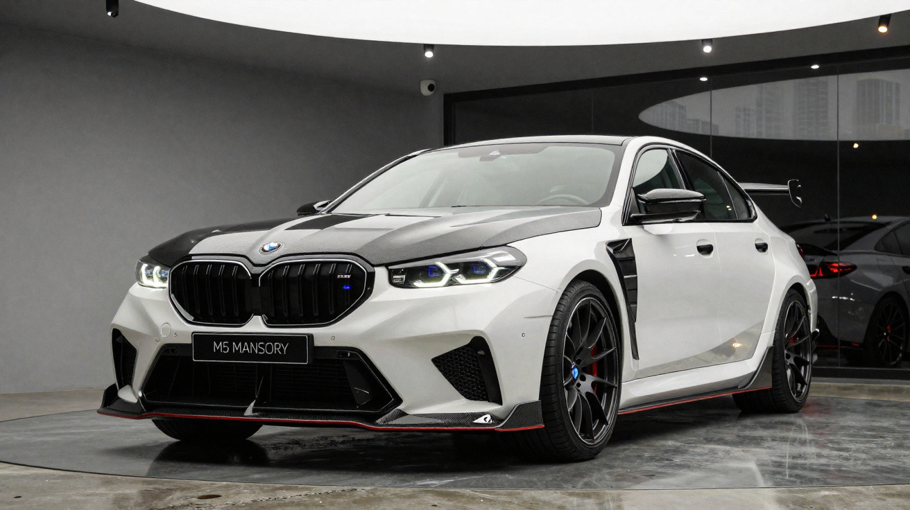BMW M5 Mansory branca com detalhes em preto estacionada sob teto curvo em showroom moderno