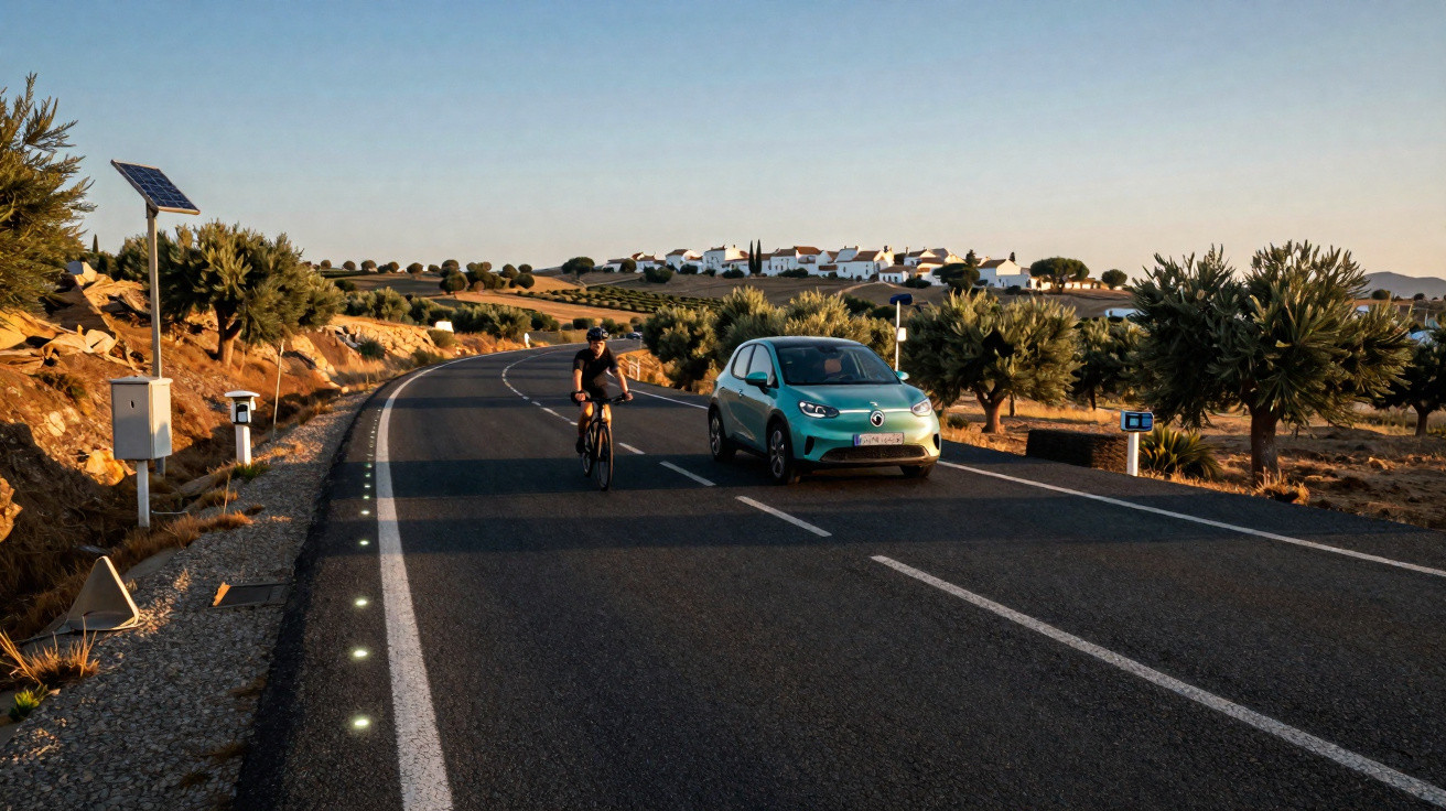 Carro elétrico e ciclista dividem estrada sinuosa cercada por árvores e casas ao fundo ao entardecer.