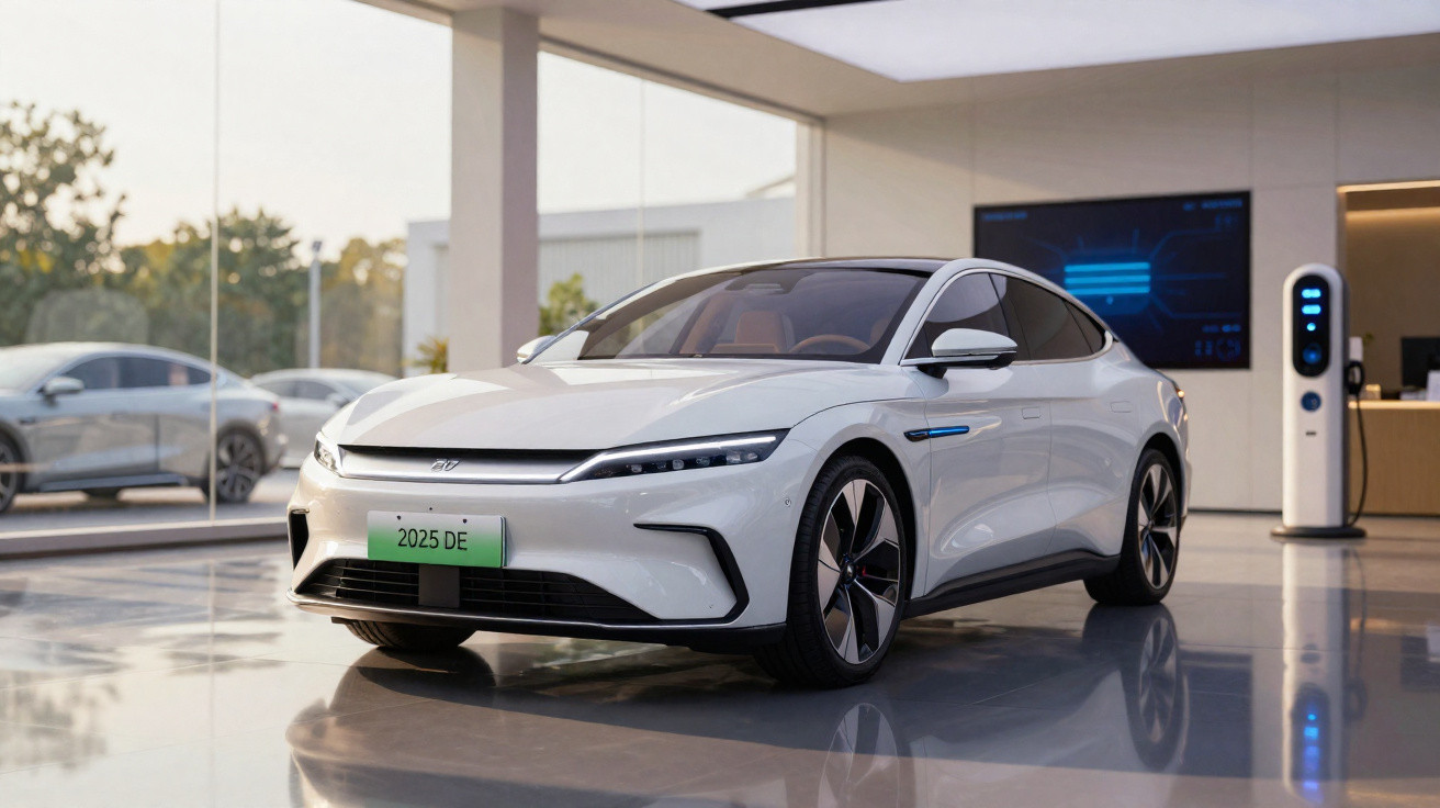 Carro elétrico branco moderno estacionado em showroom com estação de carregamento ao fundo.