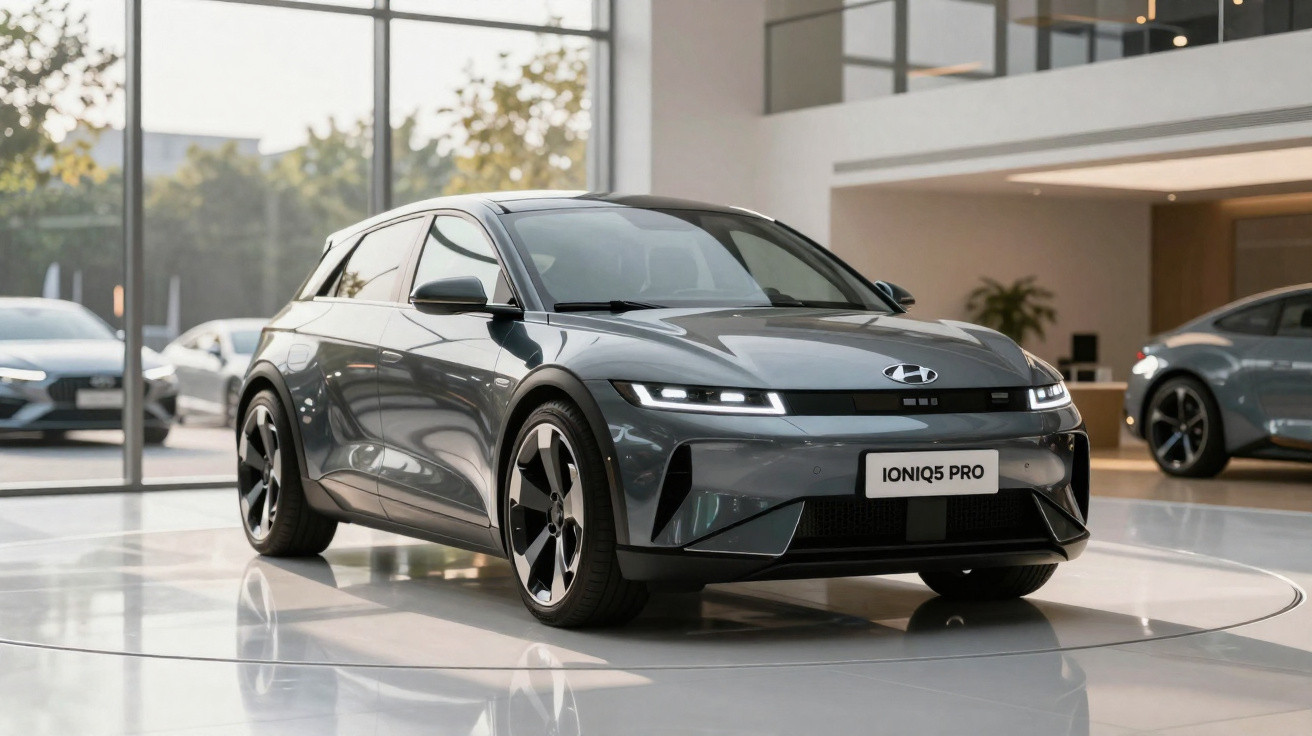 Carro elétrico Hyundai Ioniq 5 Pro cinza exposto em showroom moderno com grandes janelas.