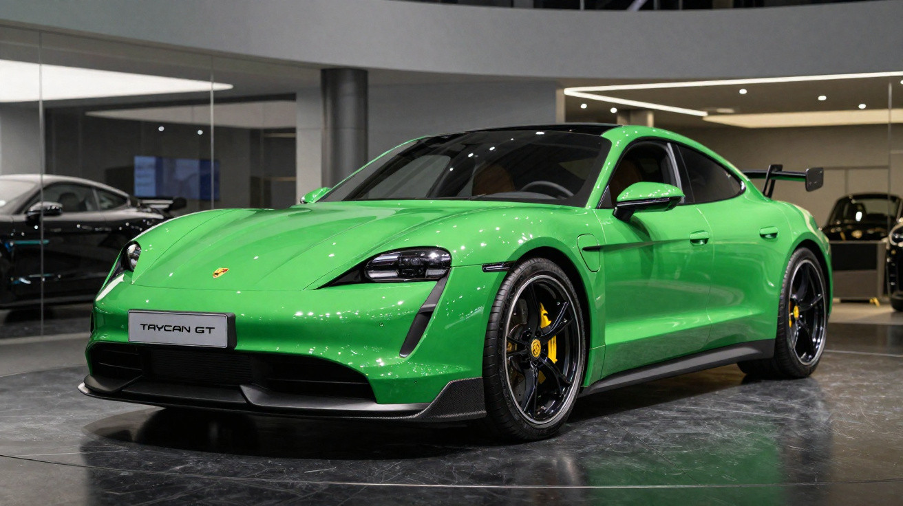 Carro esportivo elétrico Porsche Taycan GT verde em exposição interna com rodas pretas e detalhes amarelos.