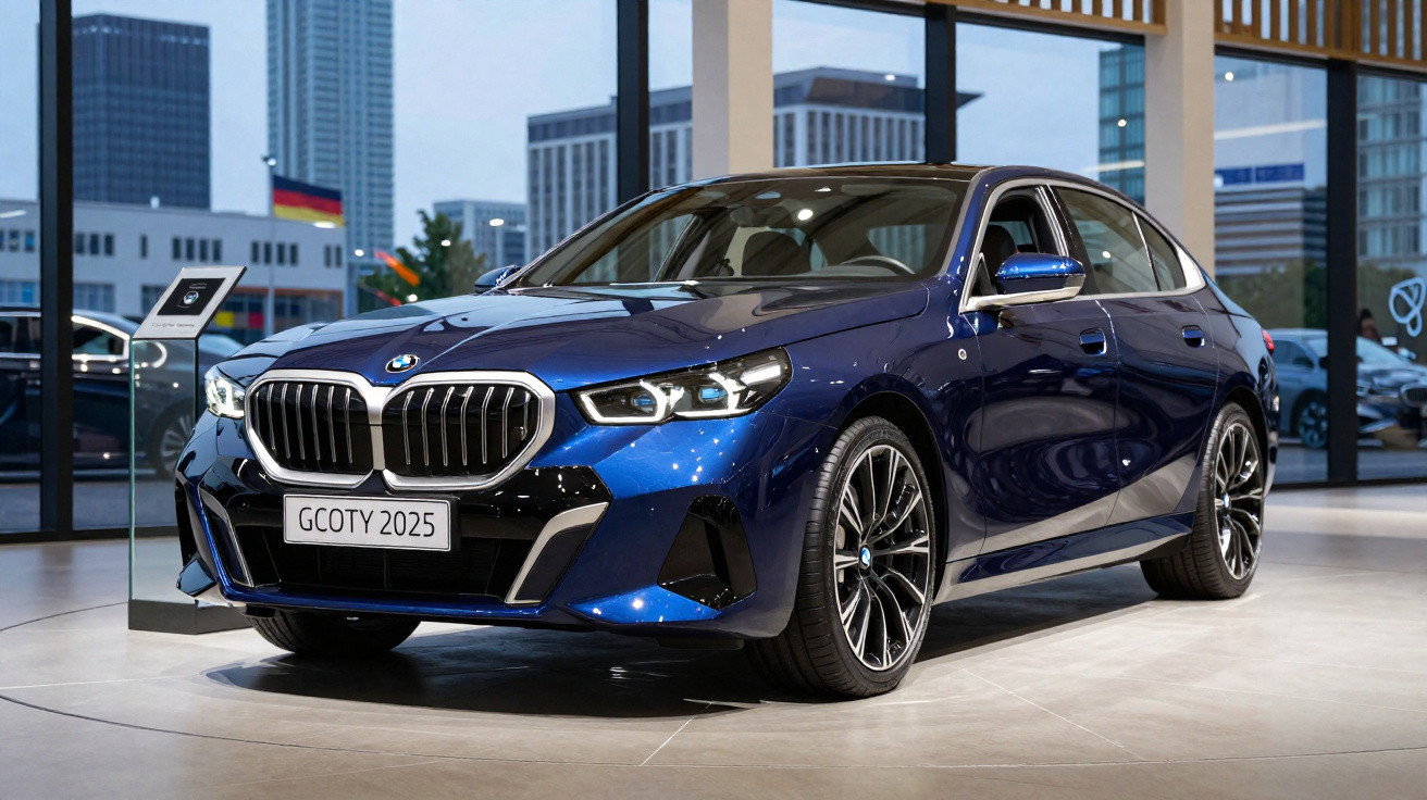 Carro BMW azul metálico modelo 2025 em showroom moderno com vidros grandes ao fundo.