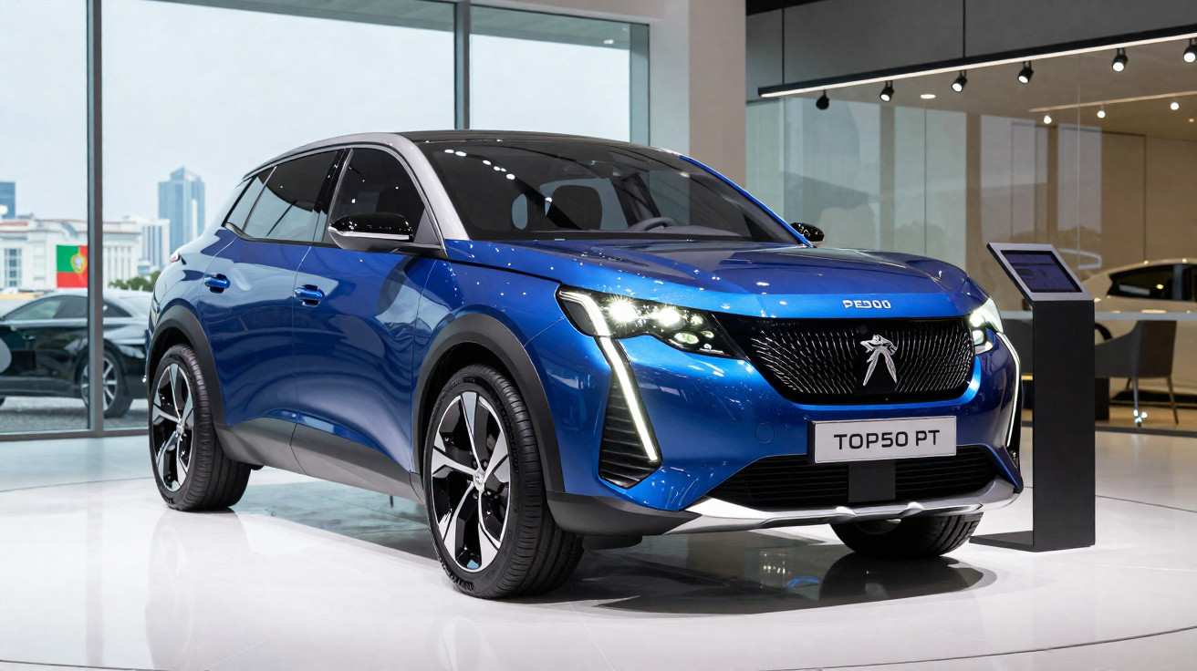 Carro SUV azul Peugeot 3008 em exposição, com faróis acesos e design moderno em showroom.