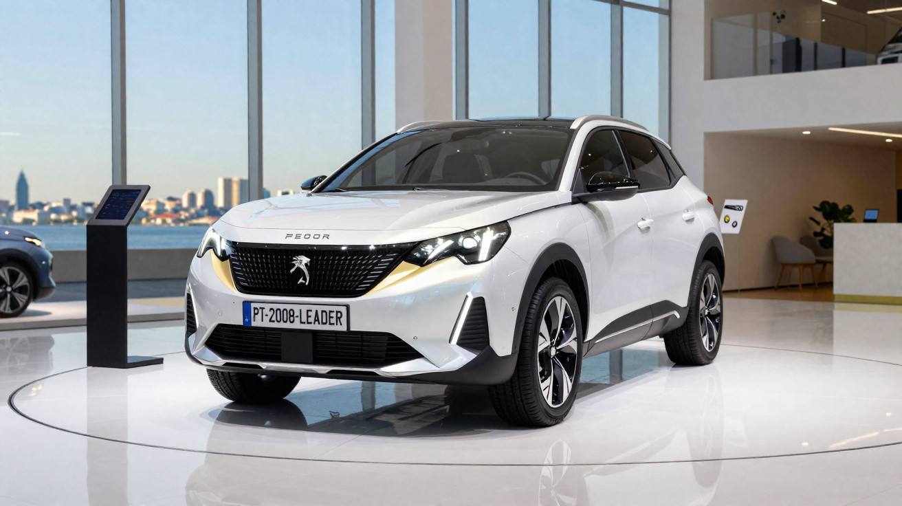 Carro SUV branco Peugeot 2008 Leader exposto em salão moderno com janelas amplas.