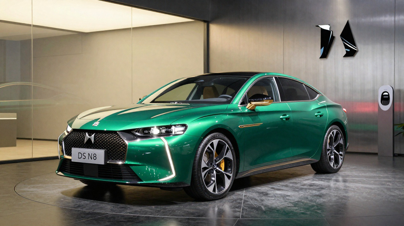 Carro esportivo verde DS N8 estacionado em ambiente moderno com iluminação suave e refletiva.
