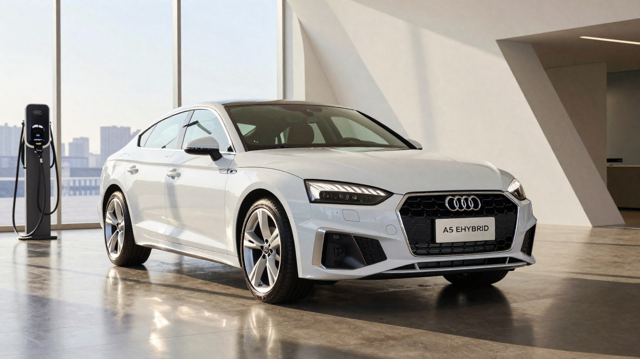Carro branco Audi A5 Hybrid estacionado em ambiente interno próximo a carregador elétrico.