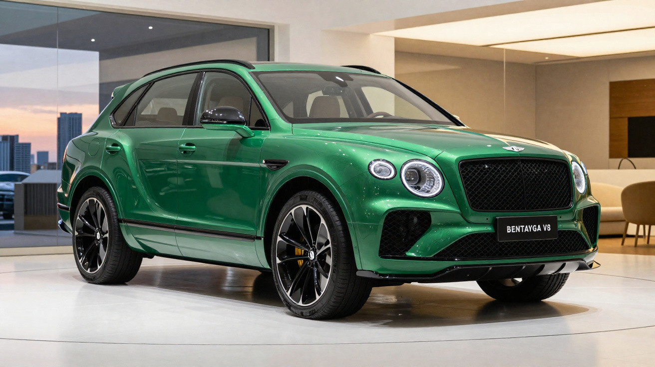 SUV Bentley Bentayga V8 verde em ambiente interno de showroom com vista urbana ao fundo.