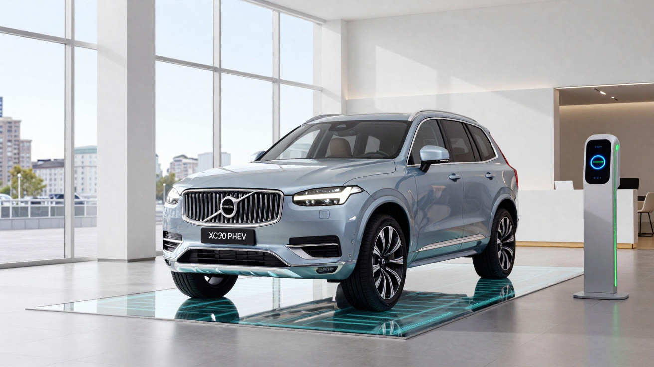 Carro SUV Volvo XC90 PHEV prata exibido em showroom moderno com estação de recarga elétrica.