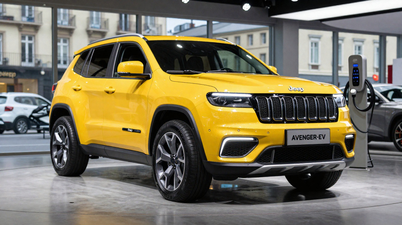 SUV elétrico Jeep Avenger EV amarelo em exibição, conectado a carregador em ambiente urbano.
