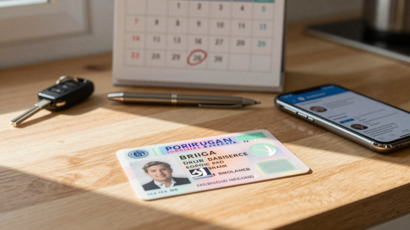 Carteira de motorista sobre mesa com calendário, caneta, chave e celular ao fundo.