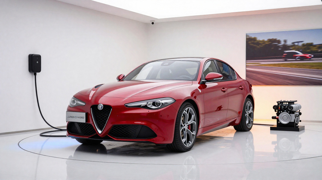 Carro esportivo vermelho Alfa Romeo Giulia Quadrifoglio em ambiente moderno com carregador elétrico na parede.