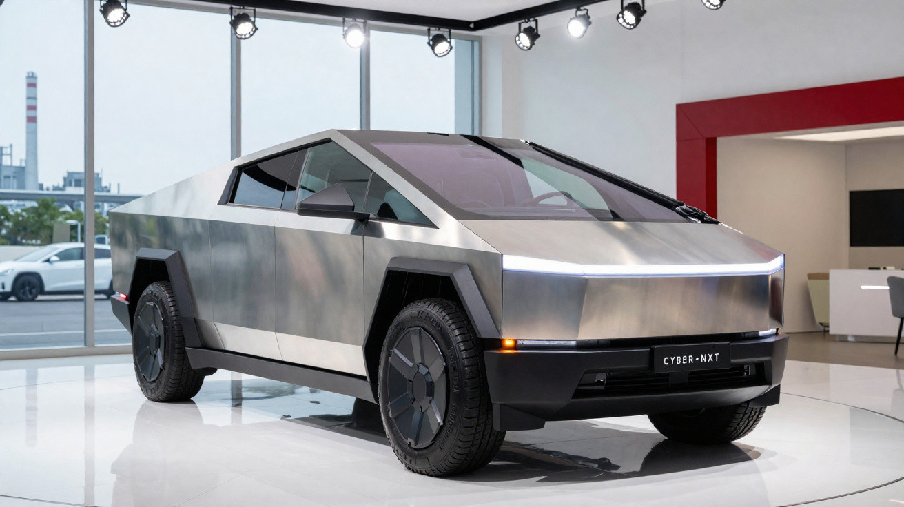 Veículo elétrico futurista prateado com design angular exposto em showroom moderno e iluminado.