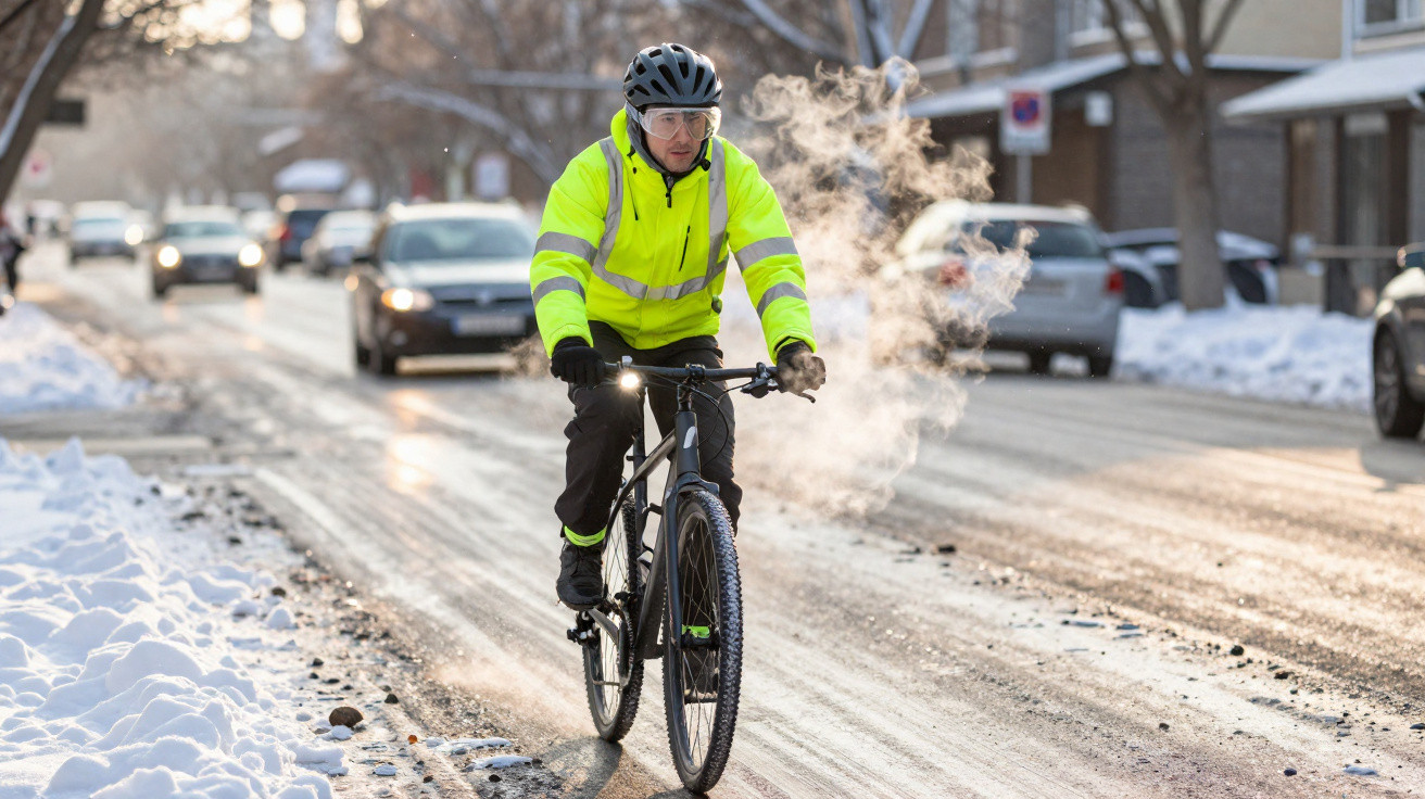 Homem com jaqueta neon e capacete andando de bicicleta em rua coberta de neve em dia frio.