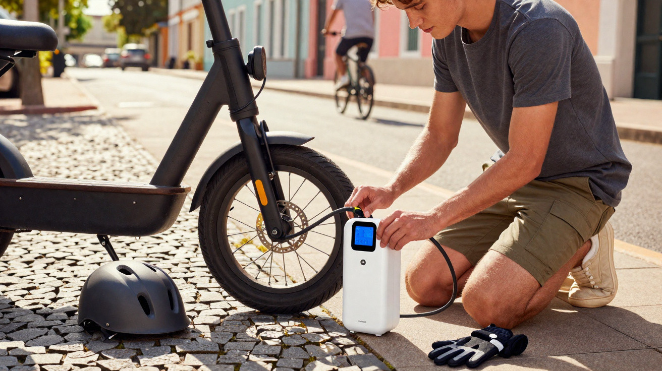 Homem usando bomba elétrica para calibrar pneu de patinete elétrico em calçada de rua ensolarada.