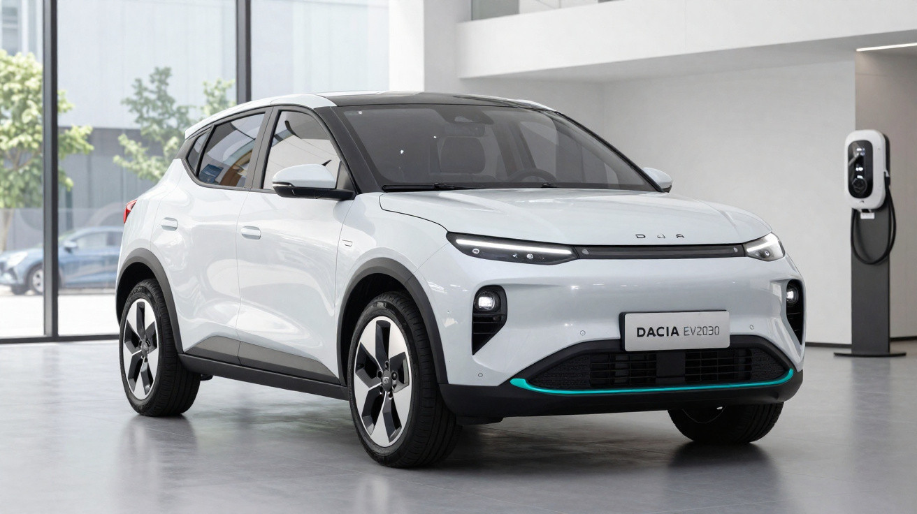 Carro elétrico branco Dacia EV2030 em ambiente interno com estação de recarga ao fundo.