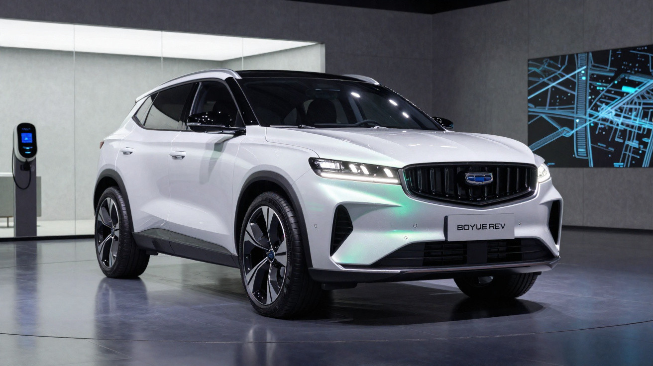Carro elétrico branco modelo Boyue REV estacionado em ambiente interno moderno com carregador ao fundo.