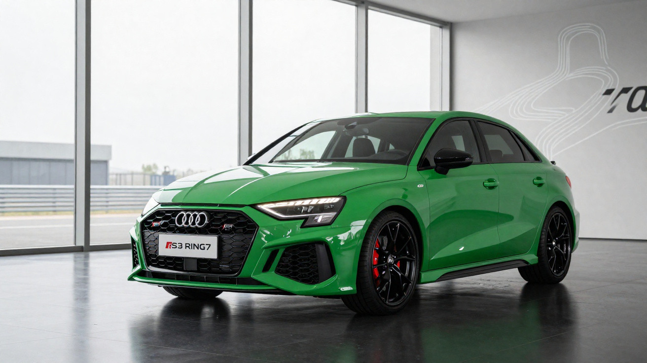 Audi RS3 Sportback verde exposto em ambiente interno com parede branca e janelas amplas.