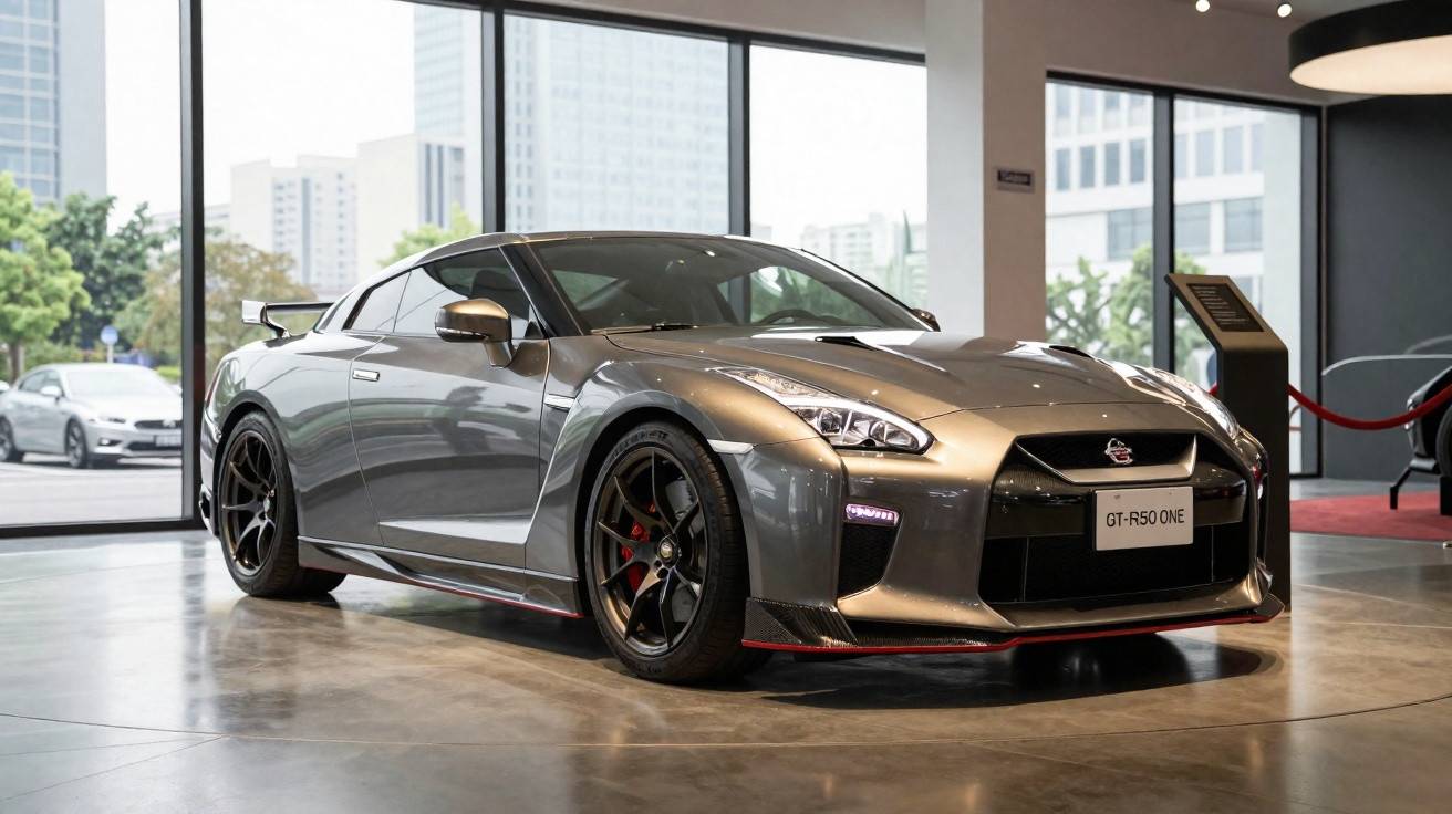 Carro esportivo cinza Nissan GT-R50 ONE exibido em showroom moderno com grandes janelas.